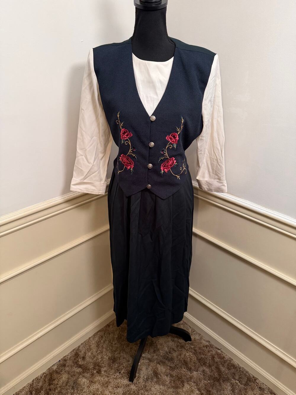 Vintage 90s Miss Dorby Embroidered Faux Vest Dress Midi Cottagecore Costume